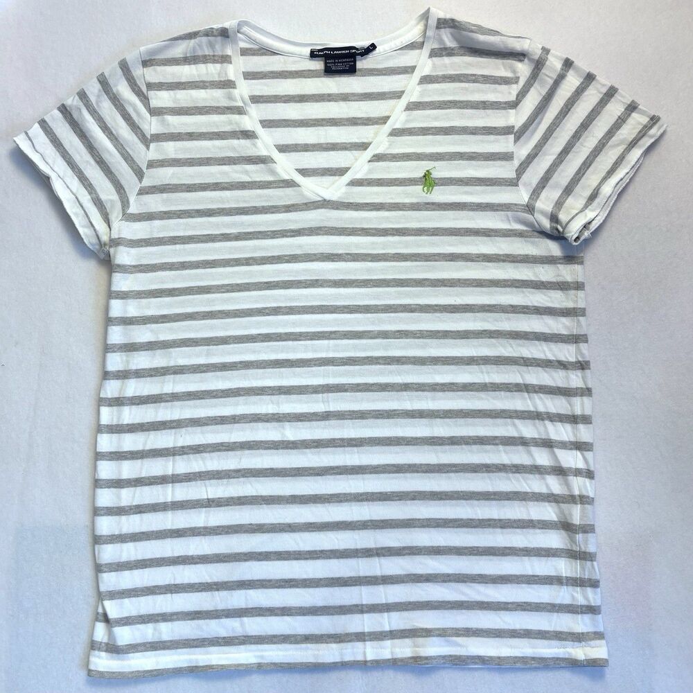Ralph Lauren Sport Tee Women’s L Gray & White Striped V Neck T Shirt Pony Logo